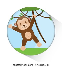 Cute little monkey cartoon over a natural landscape cartoon - Vector