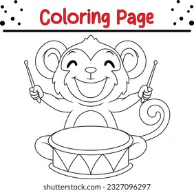 Cute little monkey cartoon playing drums coloring page. Black and white vector illustration for coloring book