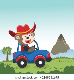 süßer kleiner Affe, der ein Auto fährt, fährt zum Waldkartoon. Kreative Vektorgrafik, kinetischer Hintergrund für Stoff, Textilien, Tapete, Poster, Karte, Broschüre. und andere Dekoration.
