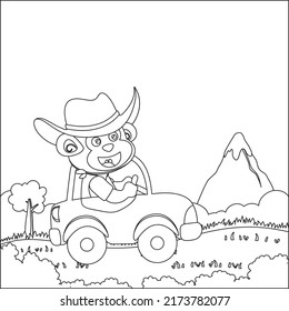 Cute little monkey driving a car go to forest funny animal cartoon,  Trendy children graphic with Line Art Design Hand Drawing Sketch Vector illustration For Adult And Kids Coloring Book.