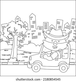 Cute little monkey driving a car go to forest funny animal cartoon,  Trendy children graphic with Line Art Design Hand Drawing Sketch Vector illustration For Adult And Kids Coloring Book.
