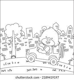 Cute little monkey driving a car go to forest funny animal cartoon,  Trendy children graphic with Line Art Design Hand Drawing Sketch Vector illustration For Adult And Kids Coloring Book.