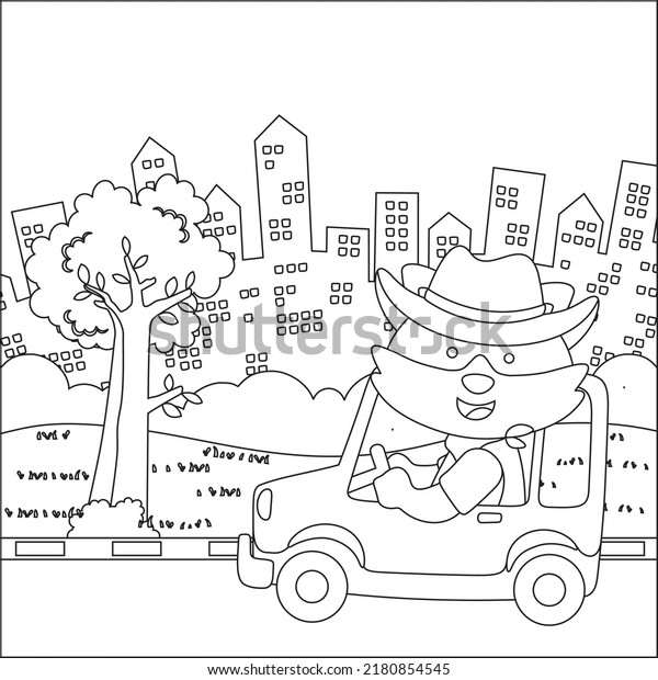 Cute little monkey driving a car go to forest funny\
animal cartoon,  Trendy children graphic with Line Art Design Hand\
Drawing Sketch Vector illustration For Adult And Kids Coloring\
Book.
