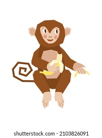 A cute little monkey eats a peeled ripe banana. A monkey squatting with its tail twisted into a spiral. Vector illustration in flat style.