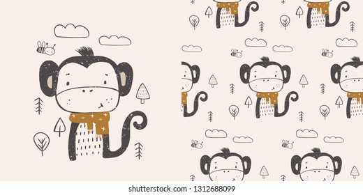 Cute little monkey  in the forest with scarf. hand drawn color character.Scandinavian illustration.  with seamless pattern.-Vector