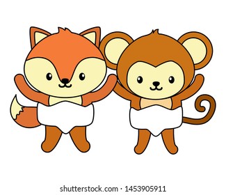cute little monkey and fox characters vector illustration design