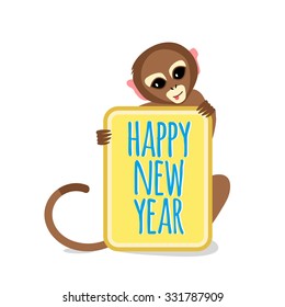 Cute Little Monkey with Happy New Year Card. 2016 Chinese New Year Symbol. Flat Vector Illustration.