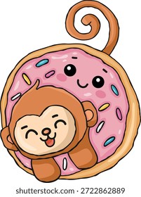 Süße kleine Affe Umarmung ein riesiges rosa verglaste Donut
