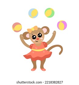 Cute little monkey juggling. Trained monkey in dress playing with balloons. Vector illustration for mobile app, sticker, kids print design. Circus concept