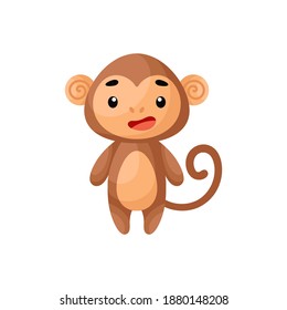 Cute little monkey on white background. Cartoon animal character for kids cards, baby shower, posters, b-day invitation, clothes. Bright colored childish vector illustration in ecartoon style.