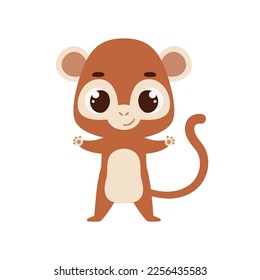 Pequeño mono de fondo blanco. Caricatura animal para tarjetas para niños, ducha de bebé, invitación, afiche, composición de camisetas, interior de la casa. Ilustración de material vectorial