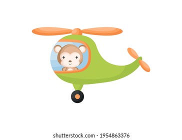 Cute little monkey pilot in green helicopter. Cartoon character for childrens book, album, baby shower, greeting card, party invitation, house interior. Vector stock illustration.