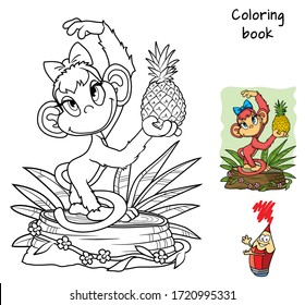 Cute little monkey with pineapple. Coloring book. Cartoon vector illustration