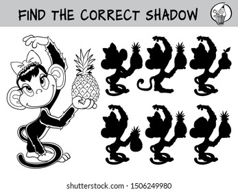 Cute little monkey with pineapple. Find the correct shadow. Educational matching game for children. Black and white cartoon vector illustration