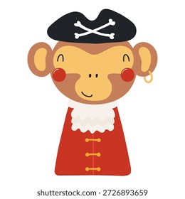 Cute little monkey pirate isolated on transparent. Kawaii cartoon character. Hand drawn flat vector illustration. Kids nautical design element, clip art, fashion print, poster, wall art