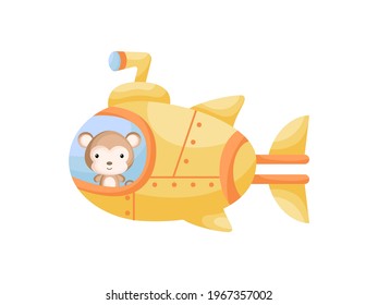 Cute little monkey sail on yellow submarine. Cartoon character for childrens book, album, baby shower, greeting card, party invitation, house interior. Vector stock illustration.
