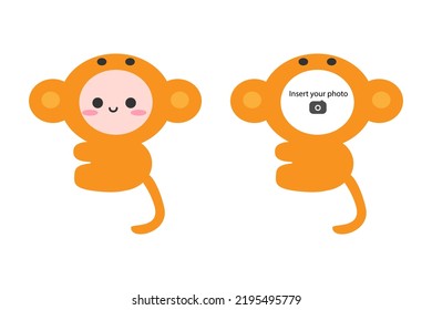 Cute little monkey sitting on floor. Snap your face into photo frame. Isolated on white background, flat design, EPS10 vector