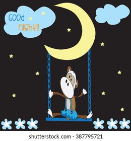 cute little monkey sitting in swing in the night with clouds and stars vector illustration