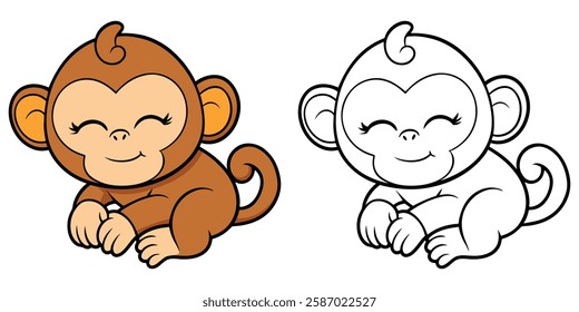 Cute Little Monkey Sleeping Cartoon Coloring Book For Kids Printable Outline Vector