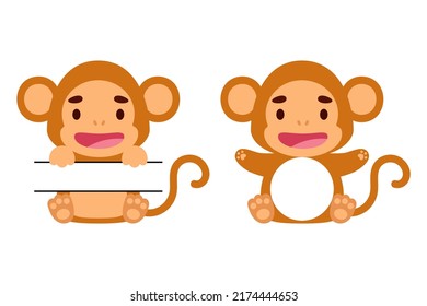 Cute little monkey split monogram. Funny cartoon character for kids t-shirts, nursery decoration, baby shower, greeting cards, invitations, scrapbooking, home decor. Vector stock illustration