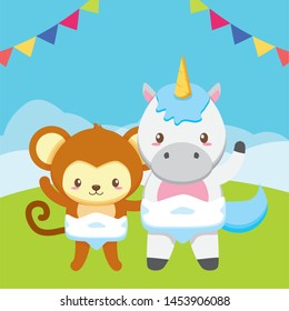 cute little monkey and unicorn on the field vector illustration design