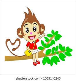 Cute little monkey wearing red shirt and shoes, shoulder bag yellow, white pants with a heart-shaped tail sitting on a branch happily on white background. Cartoon character design vector illustration