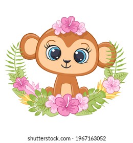Cute little monkey with wreath of hawaii flowers. Cartoon vector illustration.