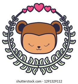 cute and little monkey with wreath and hearts