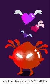 Cute little monster alien with dangerous lighting eyes and tentacles. Red fantasy character for game or mascot design. Beautiful vector illustration with shining skin and flying hearts around him.
