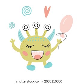 Cute little monster with ballon. Vector graphic on a white background. Perfect for the design of festive postcards posters prints for mugs t-shirts pillows.