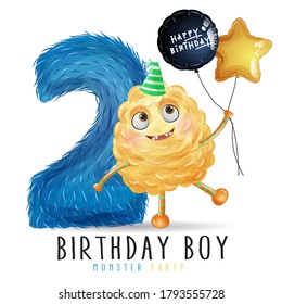 Cute Little Monster Birthday With Watercolor Illustration