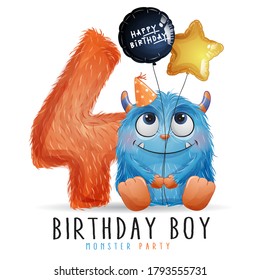 Cute Little Monster Birthday With Watercolor Illustration