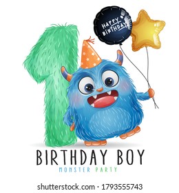 Cute Little Monster Birthday With Watercolor Illustration