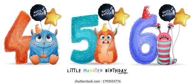 Cute little monster birthday with watercolor illustration