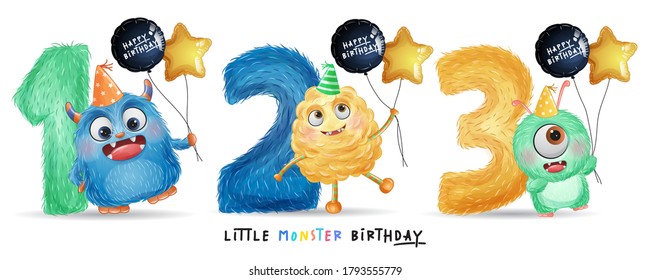 Cute Little Monster Birthday With Watercolor Illustration