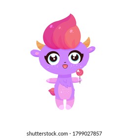 Cute little monster with candy. Vector illustration of fantasy creature