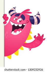 Cute Little Monster Cartoon Character Holding A Blank Sign. Vector Illustration Isolated On White Background