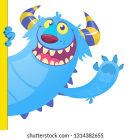 Cute Little Monster Cartoon Character Holding A Blank Sign. Vector Illustration Isolated On White Background