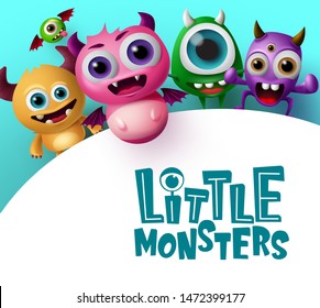 Cute little monster characters vector background template. Little monsters text in empty white space for messages with crazy and scary monster creature in blue background. Vector illustration.