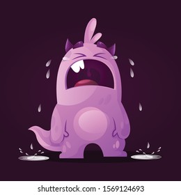 Cute Little Monster Crying Loudly Vector Illustration Having Tears In His Eyes