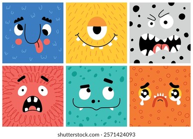 Cute little monster faces. Funny smiling avatars with fluffy, toothy muzzles, comic cartoon characters, halloween color mascots, vector set