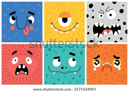Cute little monster faces. Funny smiling avatars with fluffy, toothy muzzles, comic cartoon characters, halloween color mascots, vector set