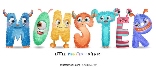 Cute little monster font with watercolor illustration
