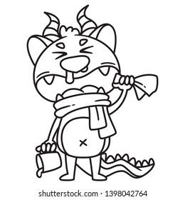 Cute little monster, with horns, in a scarf, with a cup, going to sneeze in a handkerchief. Vector illustration isolated on white background. Black and white vector illustration for coloring book.