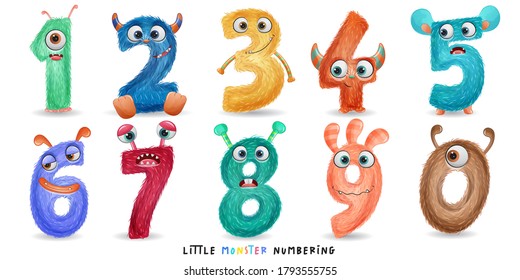 Cute little monster numbering with watercolor illustration