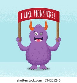 Cute Little Monster Standing With a Red Banner. Vector Illustration or Card.