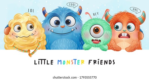 Cute little monster with watercolor illustration