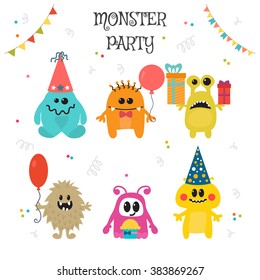 Cute little monsters birthday party. Vector illustration