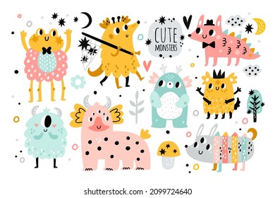 Cute little monsters. Funny cartoon characters. Fantastic kids creatures. Halloween childish party decor. Alien mascots and avatars with smile faces. Vector colorful