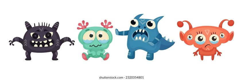 Cute Little Monsters with Horns and Big Eyes Expressing Emotion Vector Set